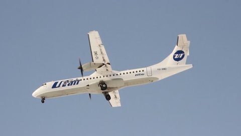 UFA, RUSSIA - APRIL6: ATR-72, UTAIR, landing in the airport Ufa on April 6, 2013, 2013 in UFA, Russia. 