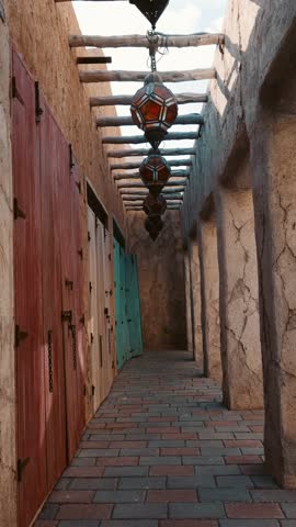 Old town in Al Seef Cultural Historical District on shores of Dubai Creek. Tourist place with old streets, houses and shops, Dubai, UAE. Vertical video. Shot handheld