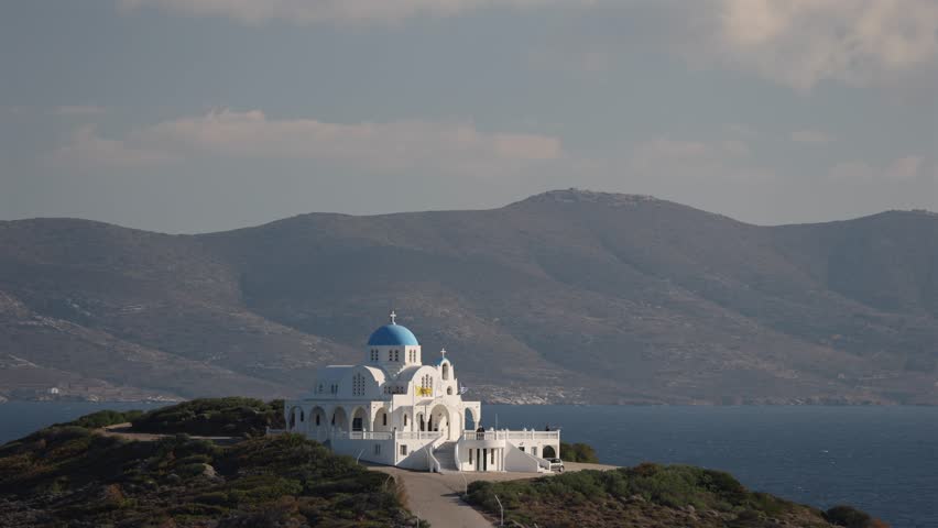 Church of Prophet Elias in Marina Mikrolimanou from Greece. Beautiful landscape 4k video with this orthodox Greek church against clean blue sky.