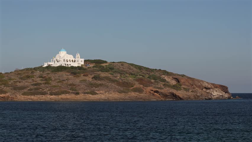 Church of Prophet Elias in Marina Mikrolimanou from Greece. Beautiful landscape 4k video with this orthodox Greek church against clean blue sky.