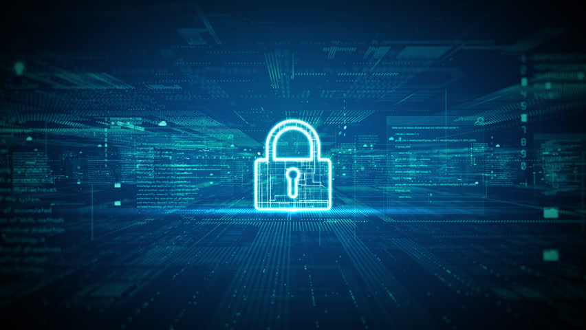 Futuristic digital background with a glowing lock icon, representing data security, encryption, and secure online systems for cybersecurity and technology concepts. Big data protection concept