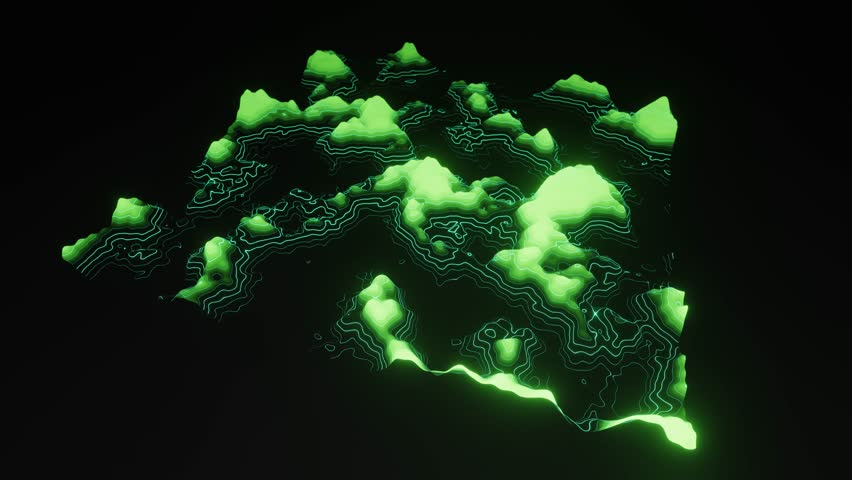 Topographic map with valleys and mountains. Digital landscape elevations and natural relief. Seamless 3d animation of geographic contour map with elevation lines.