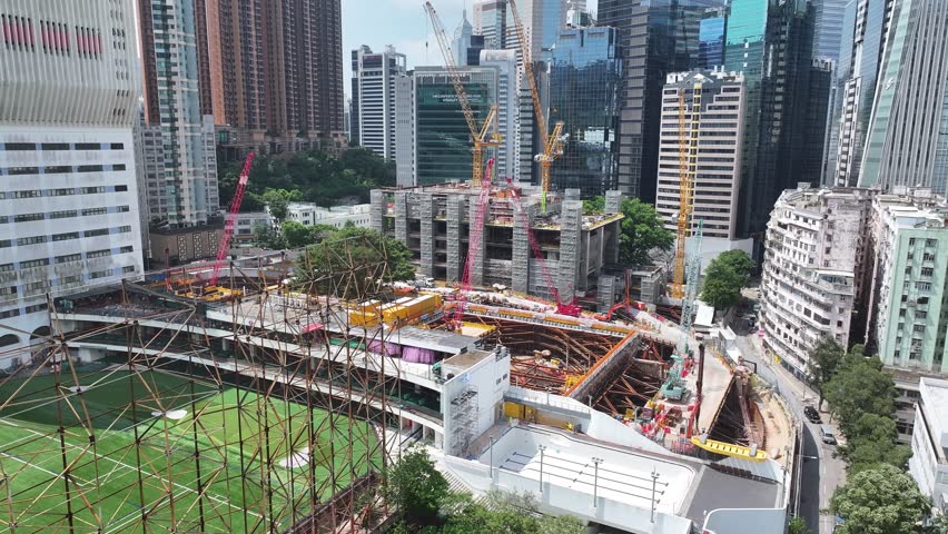 Skyview the ongoing foundation work for the large-scale development project on Carlon Road in Causeway Bay, Hong Kong, transforming the area with modern commercial buildings and enhancing the urban 