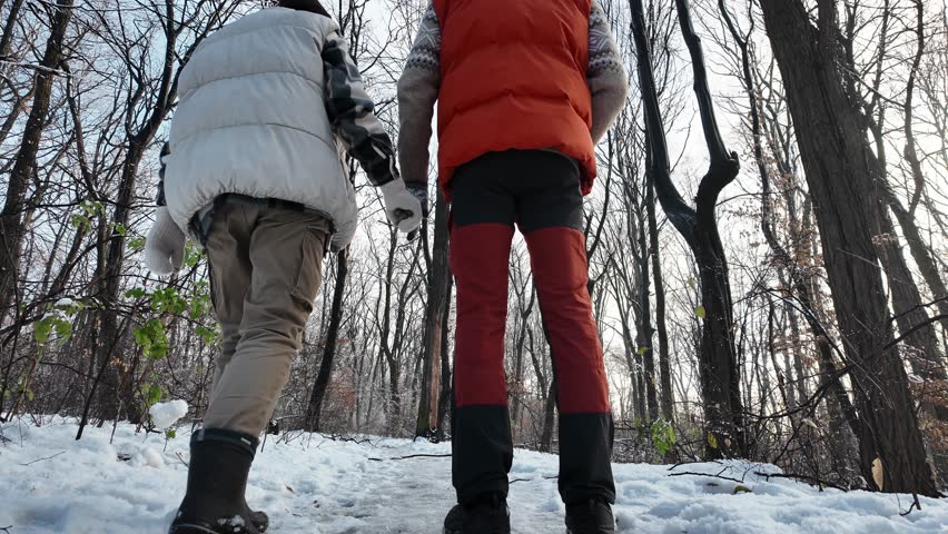 A young Caucasian couple walking together in a snowy park on a sunny winter day. Woman and man walk outside, walking along the snowy paths together. Rear view