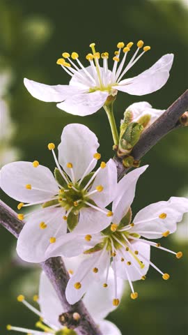 Vertical Beauty of White flower blooming fast in fruit tree in spring time lapse