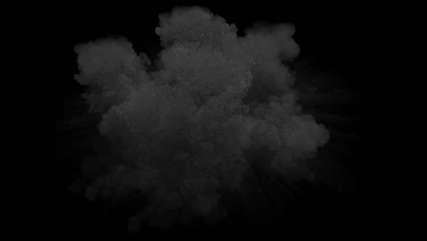 Fast ground Explosion with ring Shockwave and dense Smoke with Embers and Trails of tiny debris and quick Dissipation on a Black Background