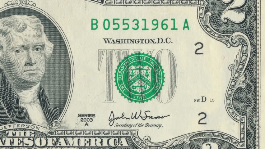 Detailed views of US two-dollar bill featuring Thomas Jefferson