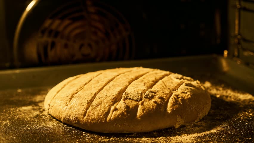 Homemade bread baking in oven. Making bread and eco production. Bread is raised and baked. Organic fresh bread. Timelapse. Food concept. Close-up in 4K, UHD