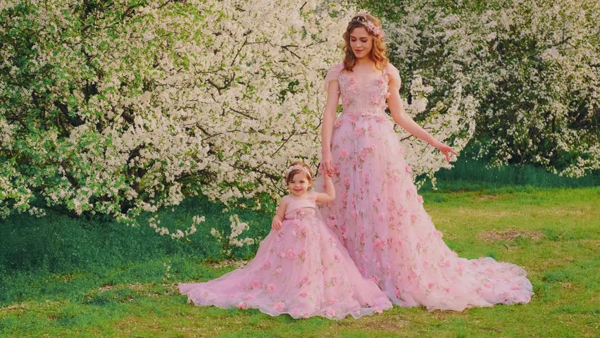 family posing for a photo shoot smiling face woman holding hand little girl. Happy mom and daughter together. Long pink dress. queen with baby princess. spring cherry trees white flowers spring nature