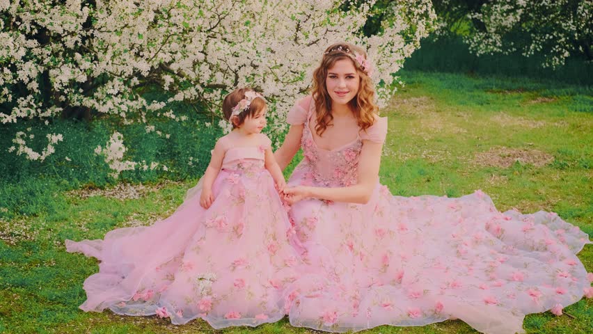 family posing for a photo shoot smiling face woman holding hand little girl. Happy mom and daughter together. Long pink dress. queen with baby princess. spring cherry trees white flowers spring nature