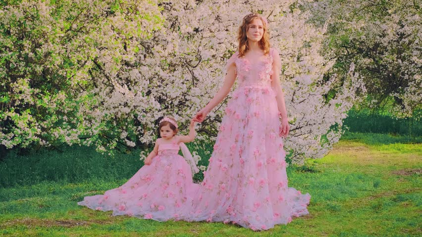 family posing for a photo shoot smiling face woman holding hand little girl. Happy mom and daughter together. Long pink dress. queen with baby princess. spring cherry trees white flowers spring nature