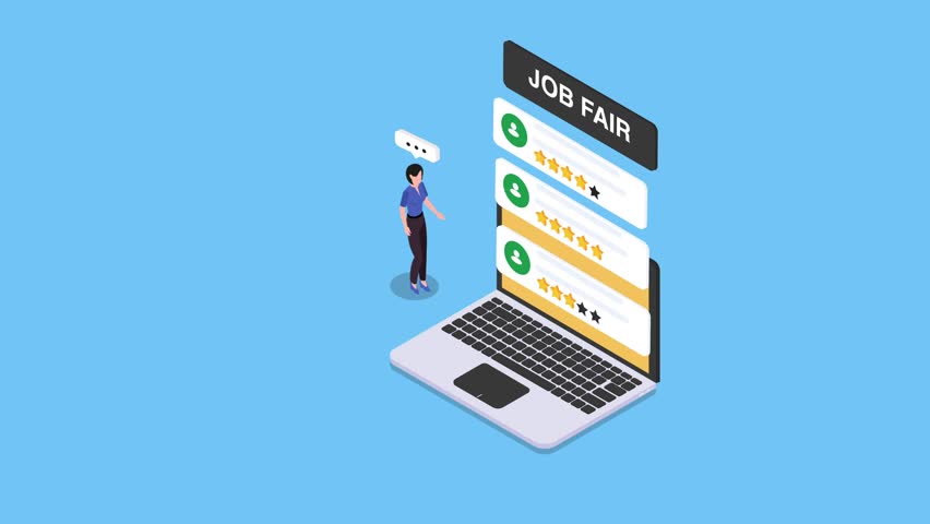 Online Job Fair Illustration with Laptop and Candidate Ratings cartoon animation