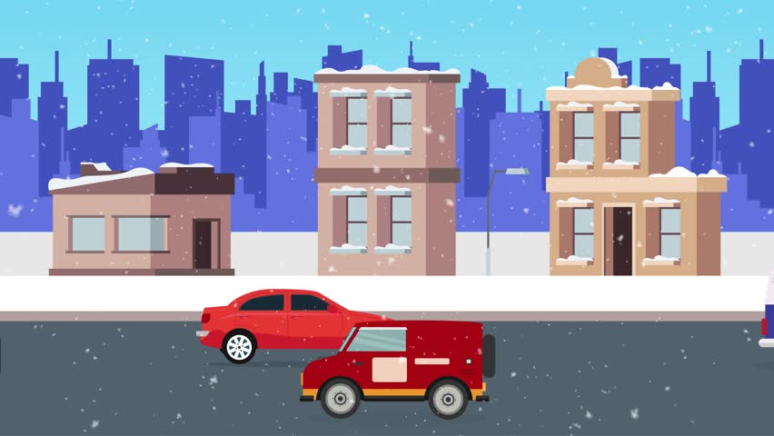 Winter Cityscape with Cars and Snowfall: Urban Street Scene in Snowy Weather cartoon animation