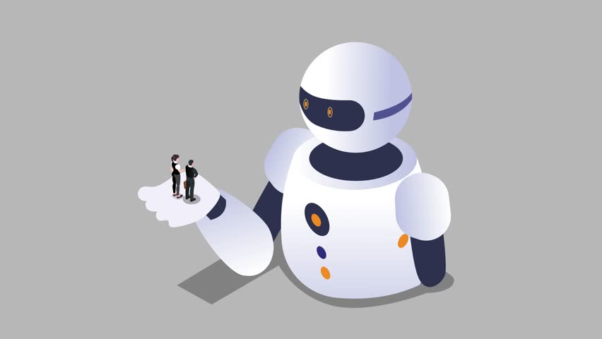 A large white robot holding two tiny business people in its palm 3d animation cartoon