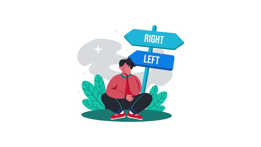 A flat animated illustration of a confused character sitting near directional board 