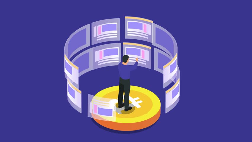 A man stands on a large bitcoin coin, interacting with multiple digital screens surrounding him 3d animation cartoon