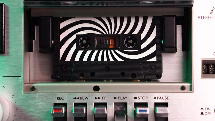 Audio Cassette Tape With Spiral Sticker Playback, Zoom In Close Up