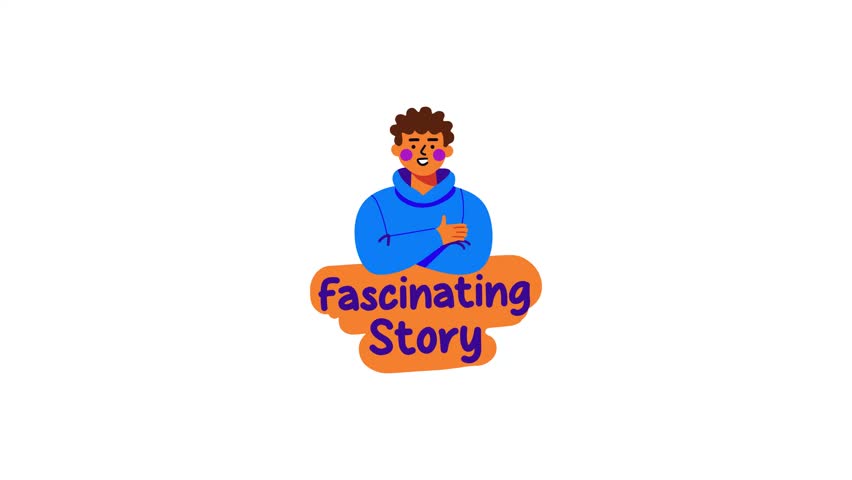 A flat animated sticker of a character with fascinating story typography 