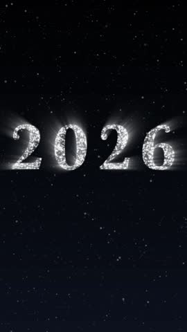 New Year 2026 vertical fireworks. Sparkling animated numbers on dark blue background.
