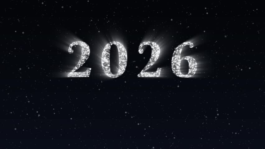New Year 2026 fireworks. Sparkling animated numbers on dark blue background.