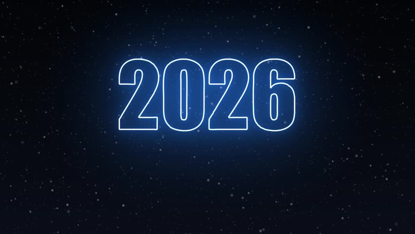2026 Happy New Year Theme Countdown Animation.New Year 2026 fireworks.Sparkling animated numbers on dark blue background.