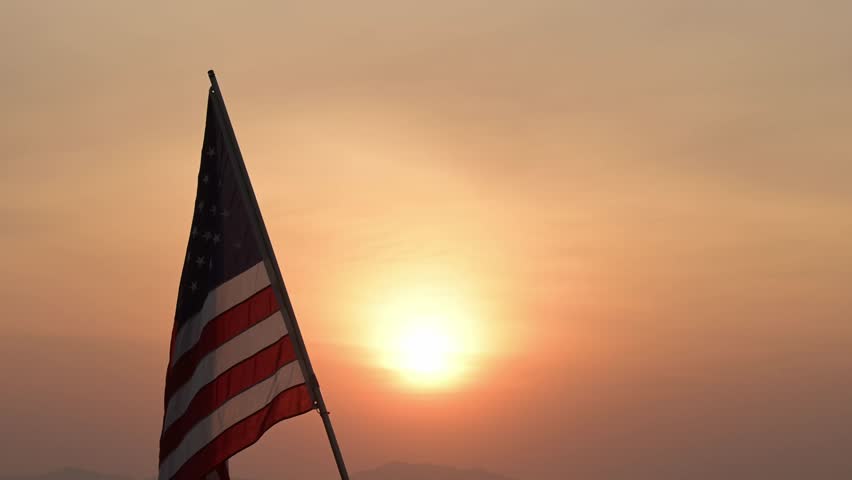 Golden Hour Celebration of Independence Day American Flag Outdoor Sunset Concept of Patriotism and Memorial Day Spirit, 4th of July, US flag