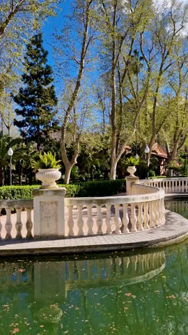 Spring in the park with pond Parc Ribalta. Walk through a park in Spain in the spring on a sunny day. Castellon