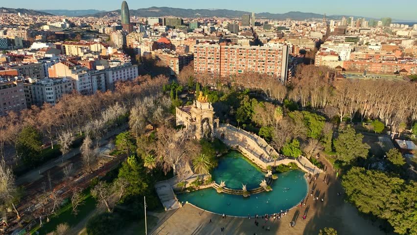 drone view of Barcelona Parc de la Ciutadella at sunset, Barcelona is the capital of Catalunya, tourism in Barcelona, Spain. High quality 4k footage