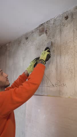 contractor using spatula wallpapers removal vertical home renovation 