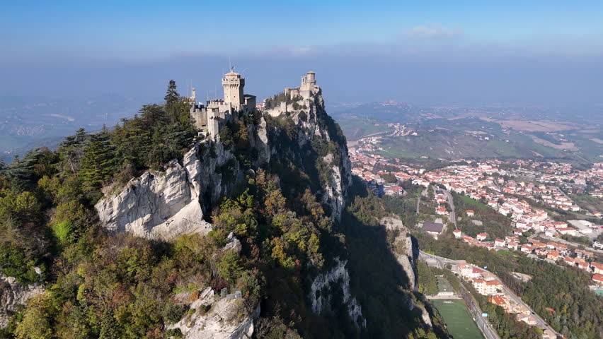 Drone shot of the historic Guaita Tower with panoramic views of San Marino’s landscape.