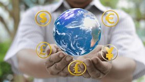 world currency symbol with rotating globe above hand - Powered by Shutterstock - Get 15% off with code: PIKWIZARD15