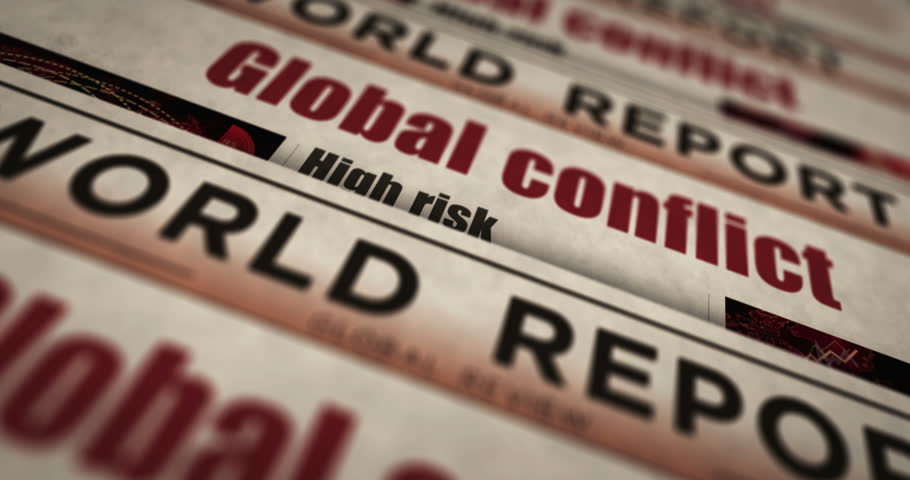 Global conflict world war iii daily news newspaper printing. Abstract concept retro headlines 3d seamless looped.