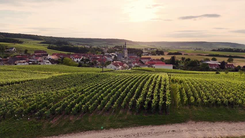Aerial landscape view over a traditional french village and vineyard rows in the Champagne region, France, at sunset