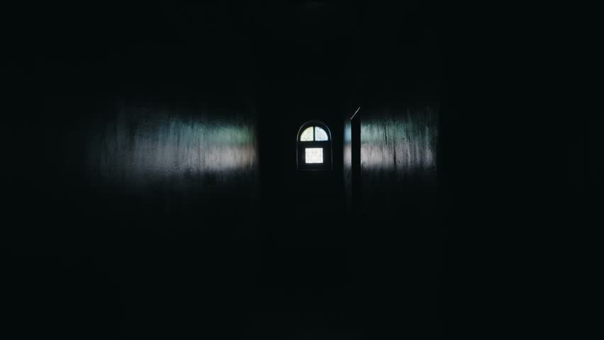 A dark hallway with a window at the end. The walls are textured and slightly reflective, creating an eerie atmosphere. Light streams through the arched window, pale glow on the surrounding area.