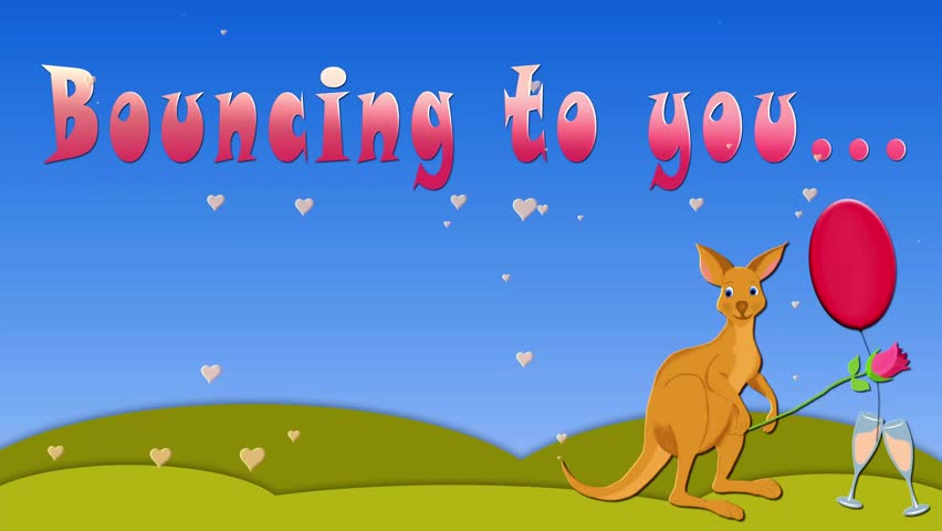 Cartoon animation 10 s 4K video e card with joey bouncing to red balloon and champagne glasses, very special Valentine's card for your love with pink and white text BOUNCING TO YOU, say it with humor!