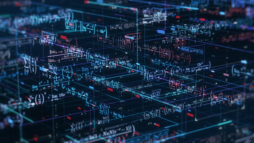 Complex futuristic network with math expressions and equations, concept of ai assistant, machine learning, neural network, science and technology (3d render)