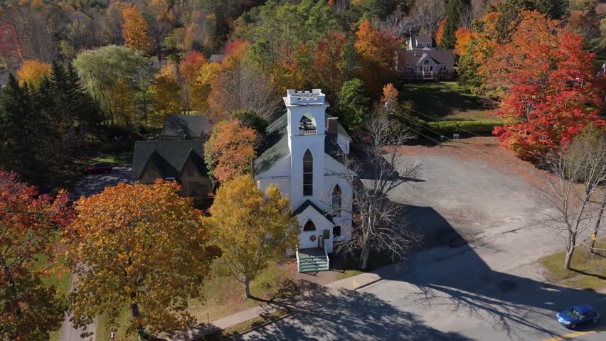 Aerial Drone Footage Over Mahoney Bay, Lunenburg, Nova Scotia, Featuring The Famous Three Churches: St. James Anglican, St. John