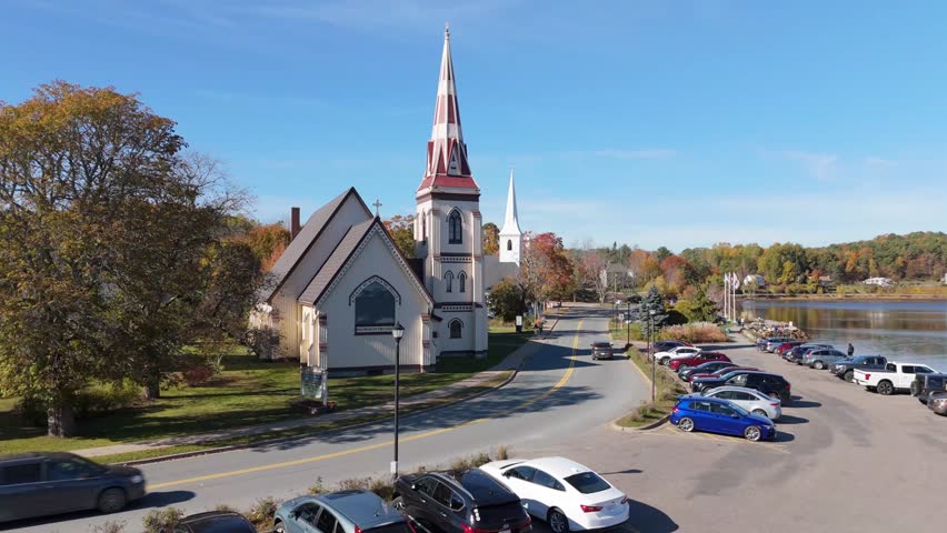 Cinematic Aerial Views Of The Famous Three Churches Of Mahoney Bay In Lunenburg, Nova Scotia. St. James Anglican, St. John