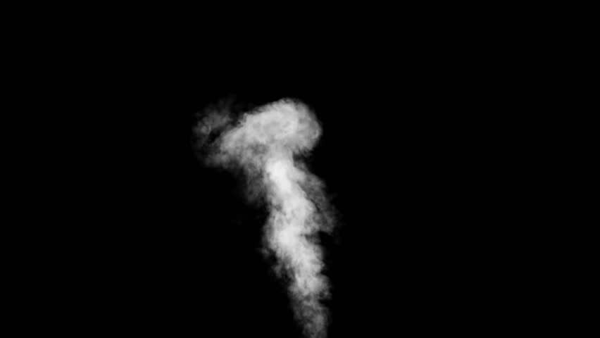 Smoke isolated animation. Realistic 3d render simulation. White cloud footage on black background. Steam coming from center animated texture. Seamless loop.

