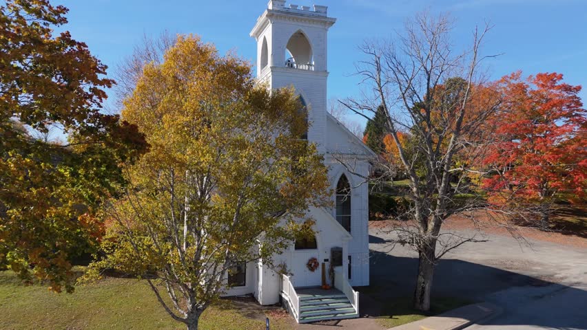 A Cinematic Aerial Drone Shot Capturing The Iconic Three Churches Of Mahoney Bay In Lunenburg, Nova Scotia. St. James Anglican, St. John Evangelical Lutheran, And Trinity United Churches.