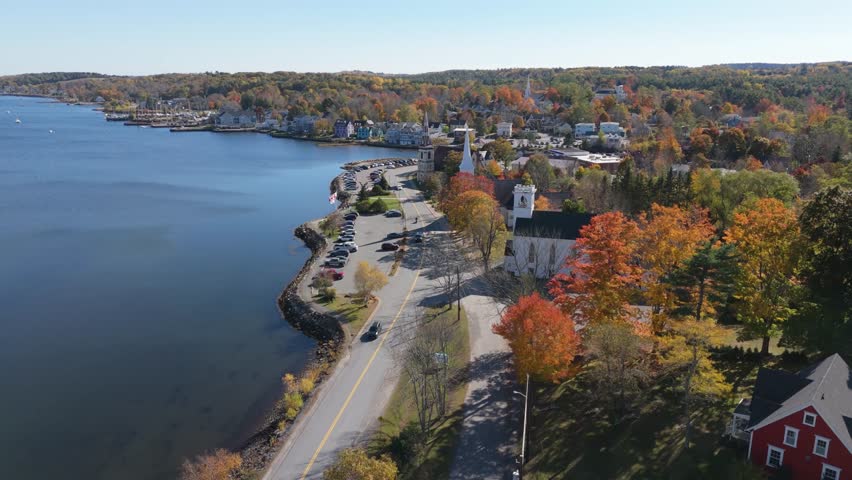 Stunning Aerial Drone Footage The Iconic Three Churches In Mahoney Bay, Lunenburg, Nova Scotia. Capturing The Majestic St. James Anglican, St. John Evangelical Lutheran, And Trinity United Churches.