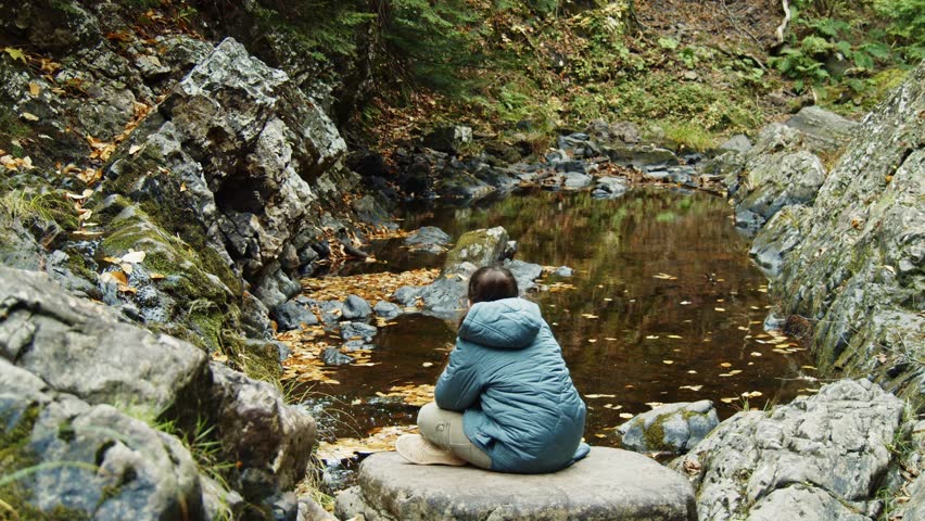 An Eight-Year-Old Girl In A Warm Autumn Jacket Looks In Awe At A Majestic Waterfall In A Mountain Forest. The Rich Colors Of The Autumn Leaves Surround Her, Enhancing The Peaceful Scene.