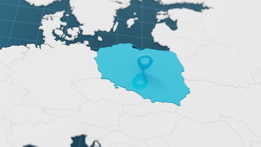 Highlight with blue of Poland 3d map with pointer pin surrounded with other countries in white. Europe political map with borders animation. 3d render