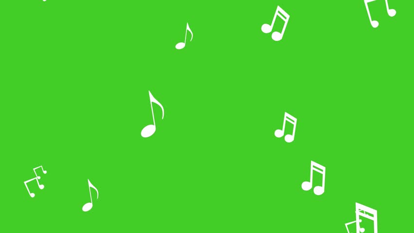 Animated white notes fly from bottom to top on a green background. Concept of music, song, melody