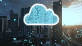 A 3D render animation showcasing cloud data storage technology concept over an urban cityscape, symbolizing modern digital infrastructure - Powered by Shutterstock - Get 15% off with code: PIKWIZARD15