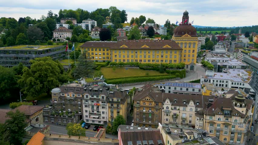 4K Drone Video of the Mariahilfkirche Church in the Old Town area of Lucerne, Switzerland