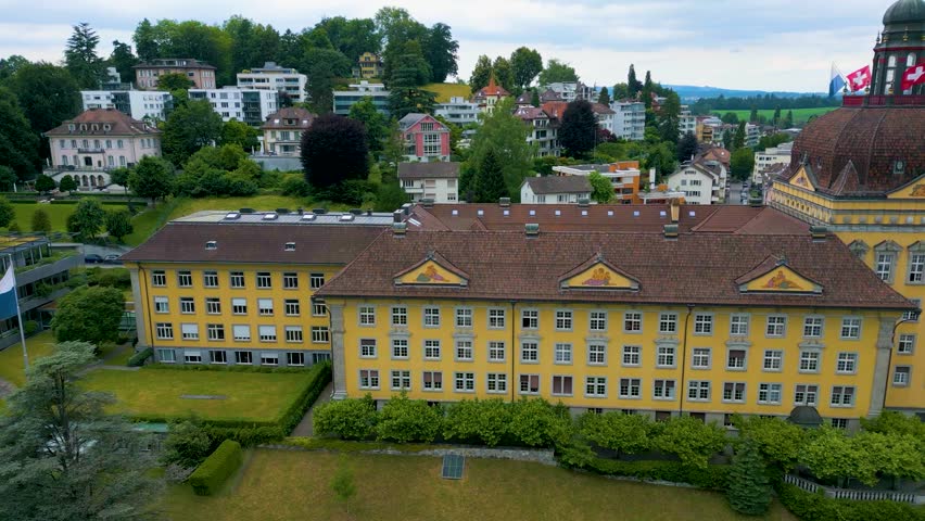 4K Drone Video of the Mariahilfkirche Church in the Old Town area of Lucerne, Switzerland
