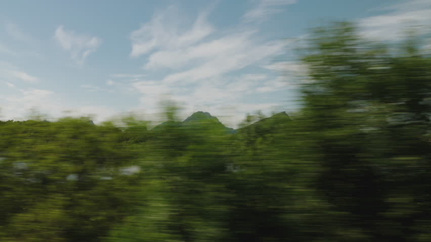 Norwegian lanscape in lofoten view over a lake, green forest and mountains in the bakcground, sunny daw and bluesky, shot from a car