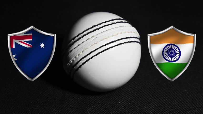 Australia Vs India Cricket Match fixture concept with waving flag inside shield and spotlight on the ball, 4k footage