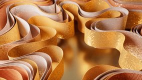 Metallic perforated ribbons in shades of gold, copper, and silver undulate and intertwine, forming a mesmerizing abstract pattern with varying perspectives. 3D Illustration - Powered by Shutterstock - Get 15% off with code: PIKWIZARD15